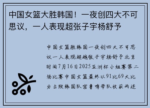 中国女篮大胜韩国！一夜创四大不可思议，一人表现超张子宇杨舒予